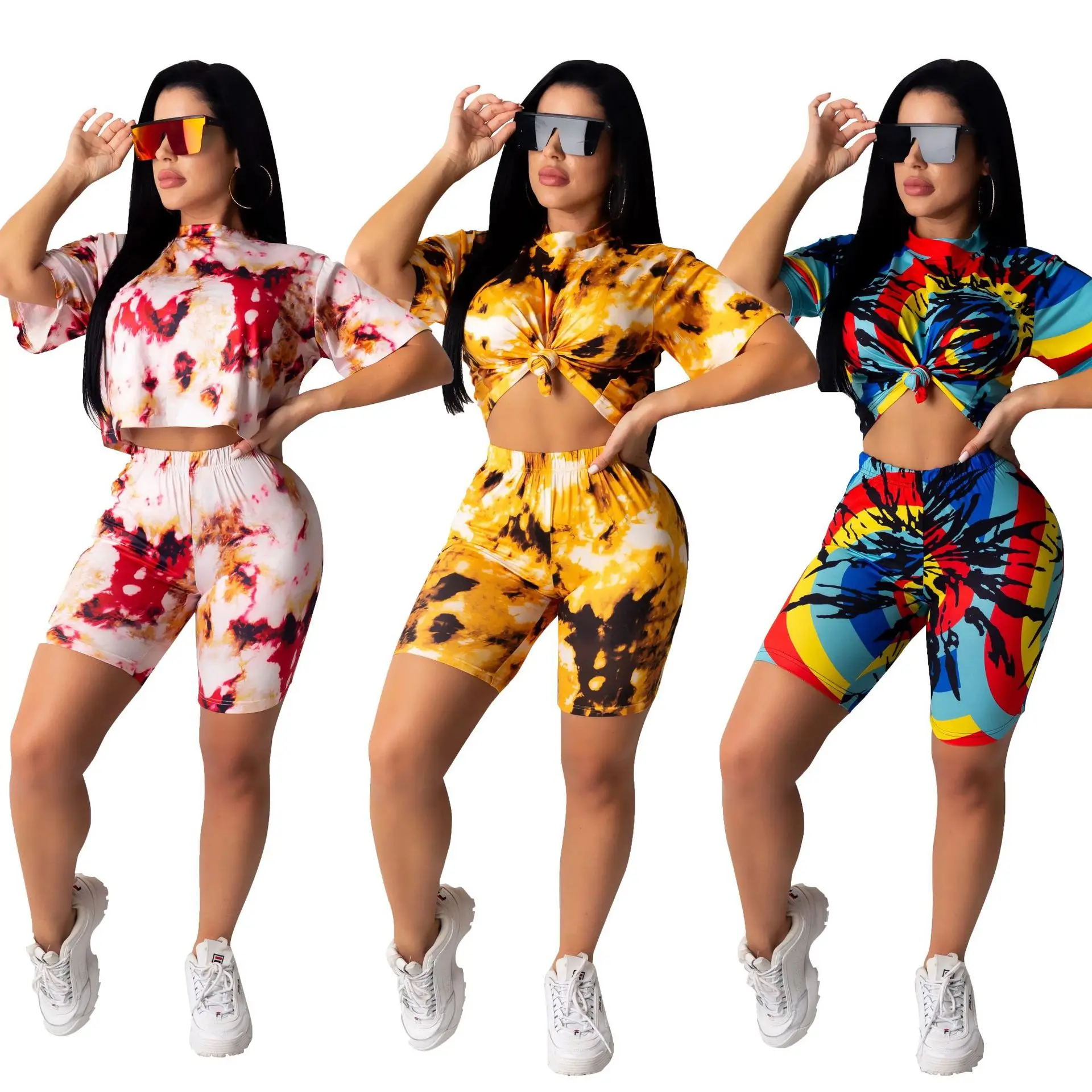 

Zoctuo O-Neck Women Two Pieces Sets 2020 Summer Tie-Dye Sexy Tops and Shorts Pants Set Half Sleeve Club Two2 Piece Set Club Wear