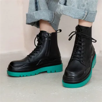 

Women Genuine Leather Thick Platform Ankle Boots Lace-up Chunky Sole Lady Shoes Height Increasing Handmade Designer Boots Mujer