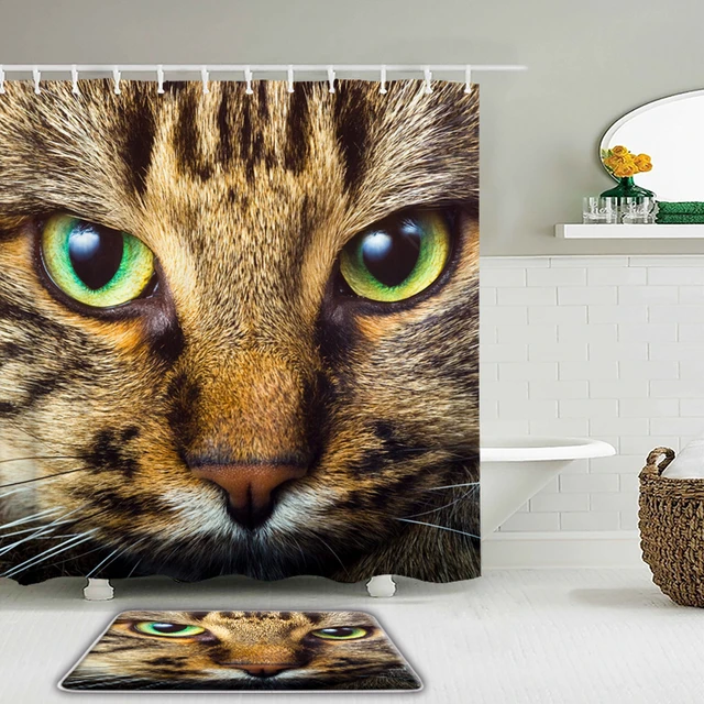 3D impermeável poliéster tecido banheiro cortina com ganchos, gato