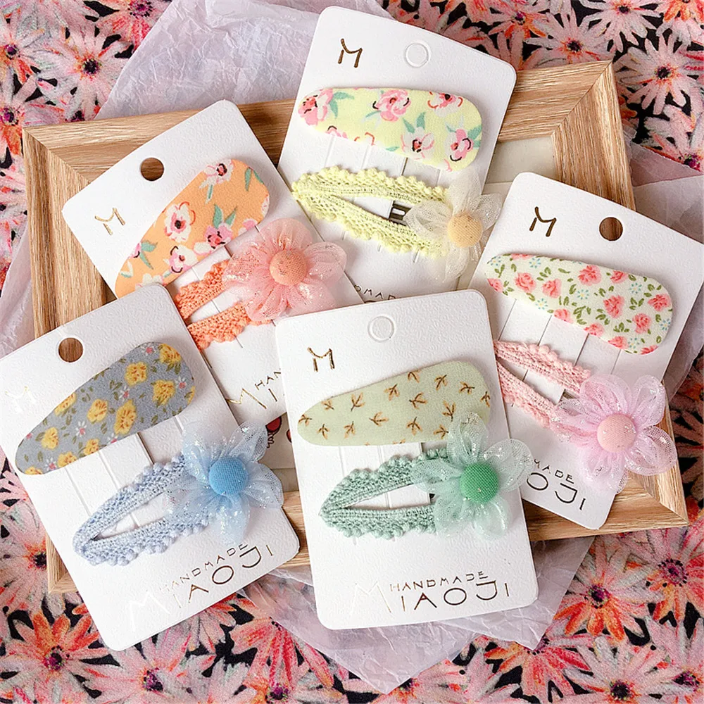 

Kids Children Girls BB Hair clips hairpins Printed Flower Yarn Korean Cute Summer Head wear Accessories Wholesale Gift