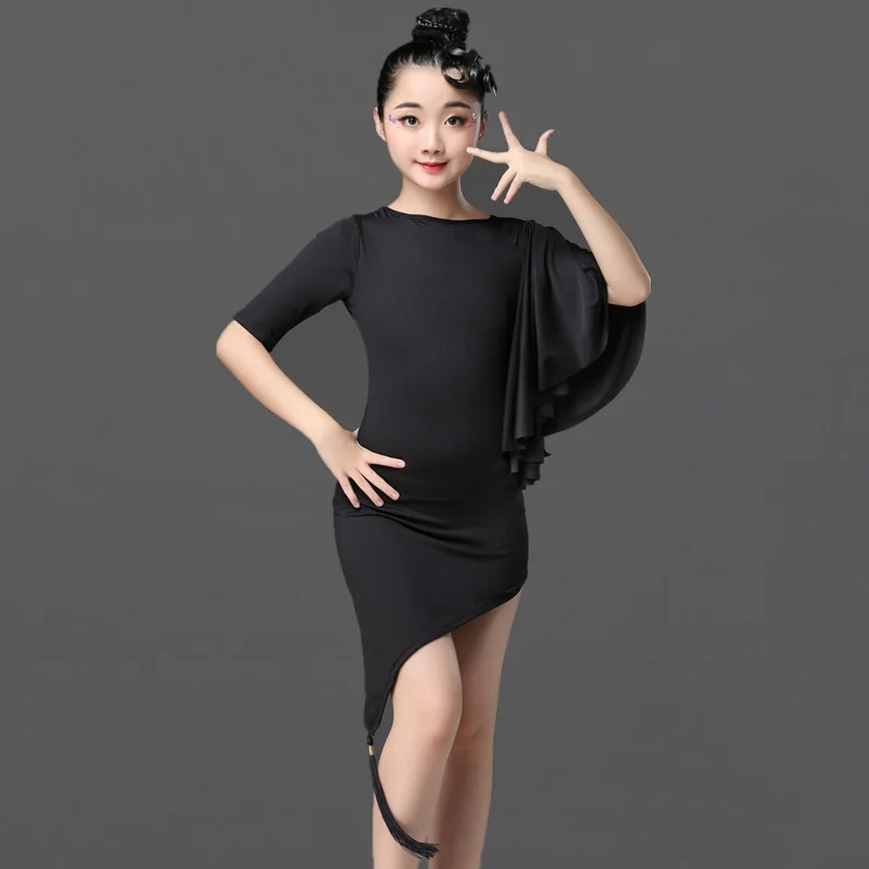 

New Kids Child Girls Latin Dance Dress Fringe Latin Dance Clothes Salsa Costume Black Red Ballroom Tango Dresses For Sale