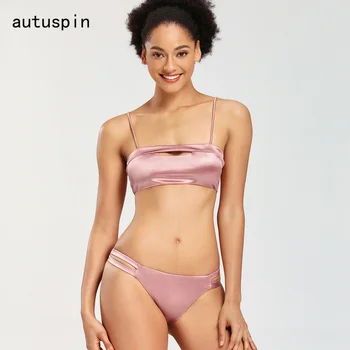 

Autuspin Hollow Women's Swimwear Crop Tops Two-piece Bikinis Set Push Up Padded Casual Swimsuits Brazilian Women Bathing Suits