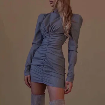 

Retro Grey Draped Striped Vintage Dress Long Sleeve Stand Collar Office Lady Elegant Dress Womens Bodycon Pencial Dress Female