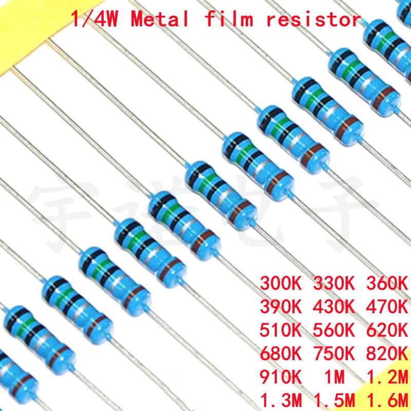 100pcs 1/4W Fém fólia Fűtő csőkígyó 1% 300K 330K 360K 390K 430K 470K 510K 560K 620K 680K 750K 820K 910K 1M 1.2M 1.3M 1.5M 1.6M Ohm