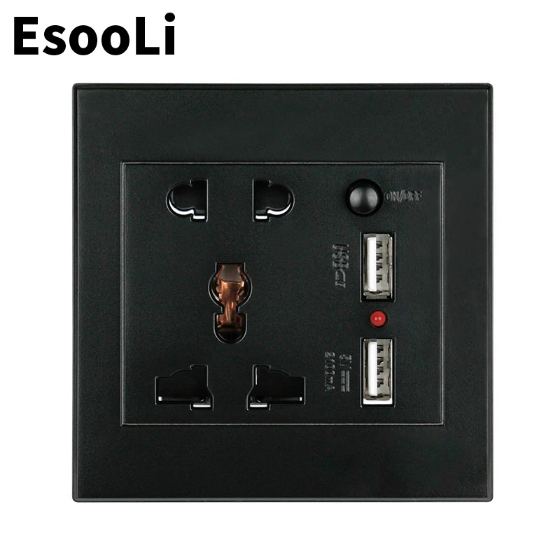 Esooli черный Универсальный Стандартный стены Мощность разъем Dual Switched USB Порты и