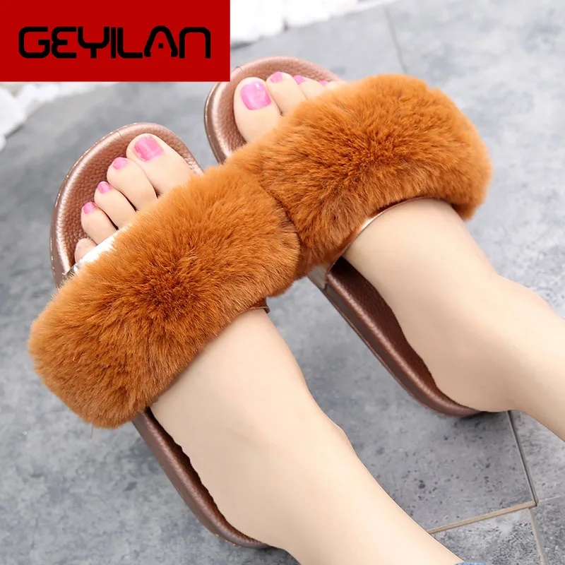 

Fur Slippers Shoes Women Home Female Woman Shoes Autumn Summer Gold Women Flip Flops Slides Sandals Flat Slippers Ladies Shoes