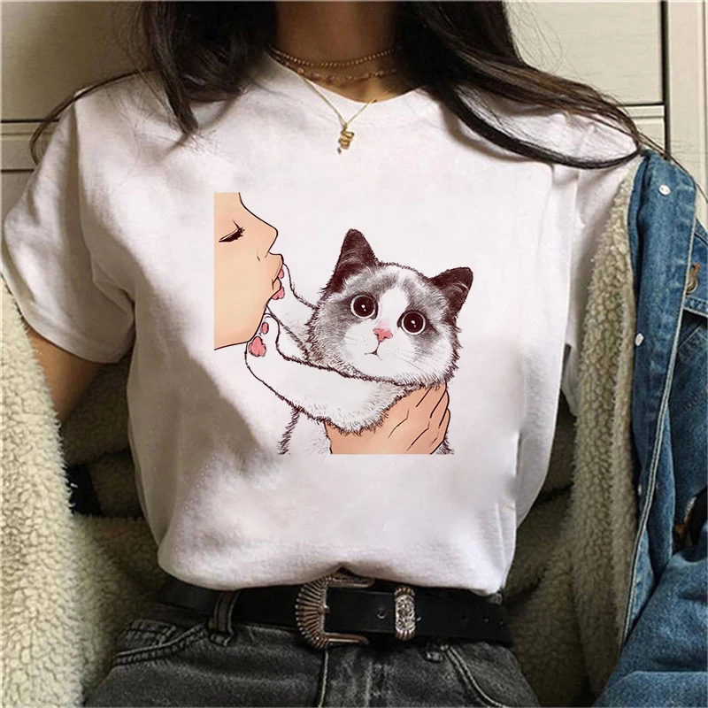 

Harajuku Kiss Cats T Shirt Women Aesthetic shirt Ullzang Vintage 90s tshirt New Fashion Top Tees Female Tumblr Clothing