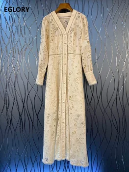 

Hollow Out Embroidery Long Dress 2020 Spring Party Evening Women V-Neck Vintage Buttons Long Sleeve Cotton Maxi Dress Vestidos