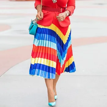 

Rainbow Women Pleated Midi Dress African 2020 Summer A Line Office Lady Elegant Female Skirts Printed High Waist Skirts