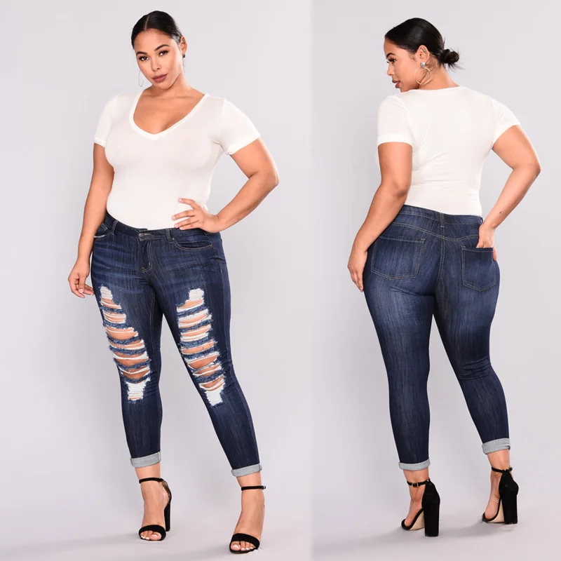 

1X oversize high waist pants fashion perforated stretch denim Leggings women's jeans wholesale jeans custom wholesale jeans