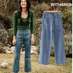 Потертые джинсы для мамы, женские винтажные джинсы в английском стиле с двумя карманами, джинсы с высокой талией, простые однотонные Джинсы