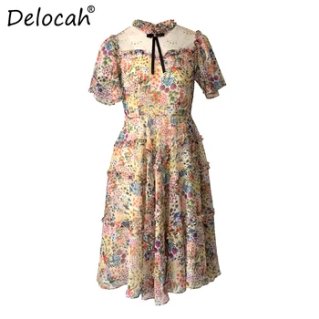 

Delocah Women Summer Fashion Runway Chiffon Midi Dress Flare Sleeve Sequined Multicolor Floral Print Female Big Swing Dresses