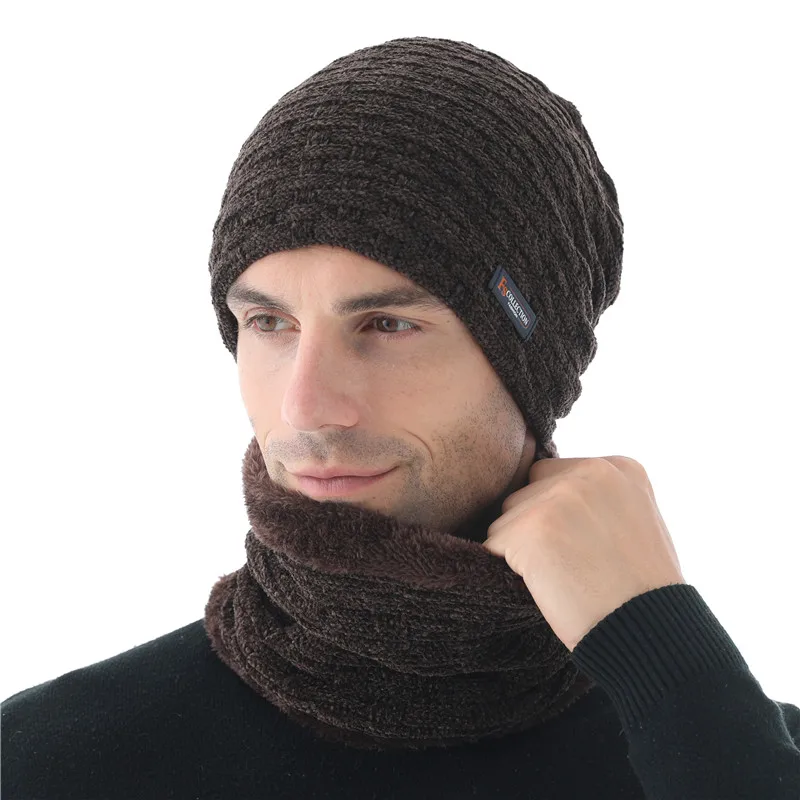 Xthree синель зимняя шапка для мужчин шапочки Skullies шляпа вязаная шапка шарф с подкладкой мужские шапочки зимние шапочки - Цвет: hat scarf set  brown