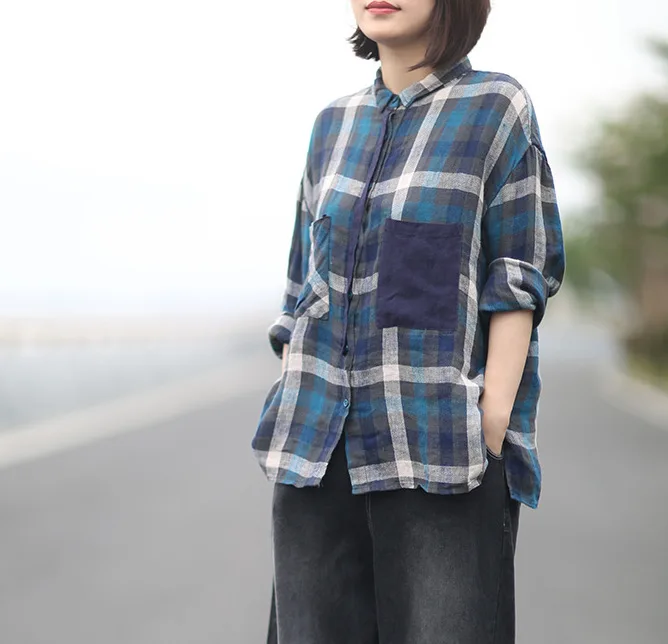 Johnature Autumn Patchwork Pockets Cotton Linen Plaid Turn-down Collar Women Shirts New Leisure Vintage Women Tops Shirts