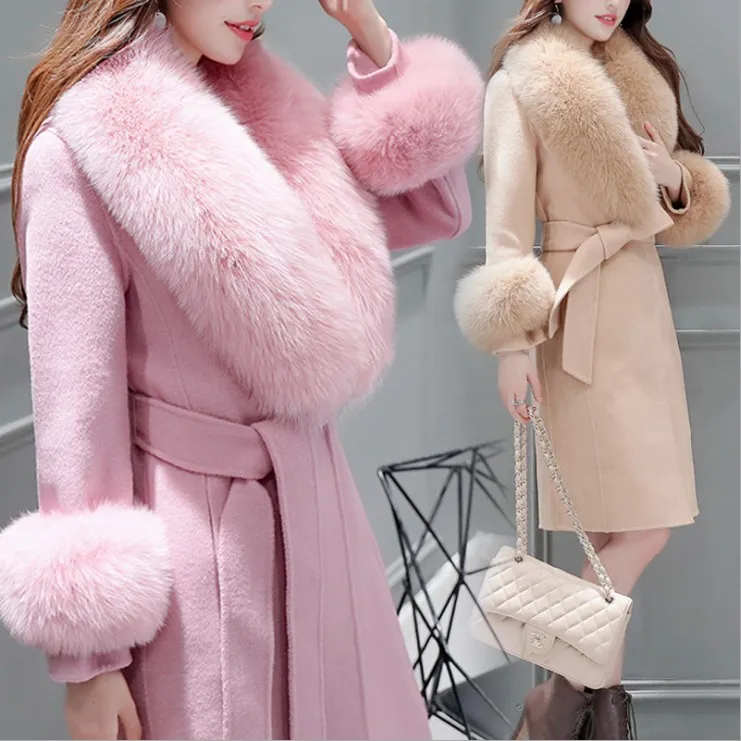 Women's woolen coat female long section Korean version new autumn and winter fashion large fur collar | Женская одежда