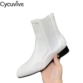 

British Real Leather Ankle Boots For Women White Black Flat Knight Boots Round Toe Casual Ladies Shoes Runway Motorcycle Boots