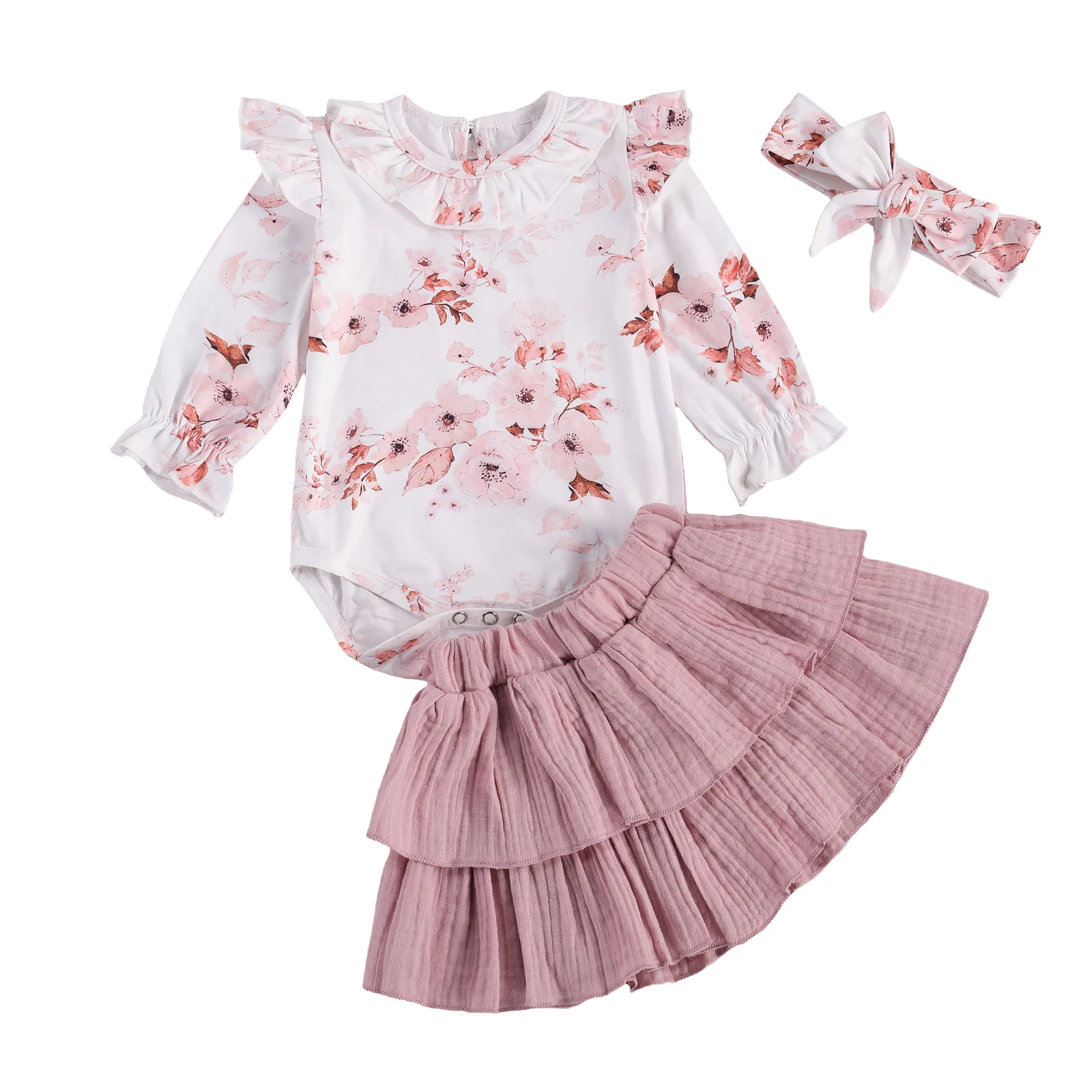 

2020 New Fall Autumn 0-24M Toddler Baby Girl 3Pcs Set Floral Print Ruffled Neck Long Sleeve Bodysuit+Double Layered Skirt+Bow