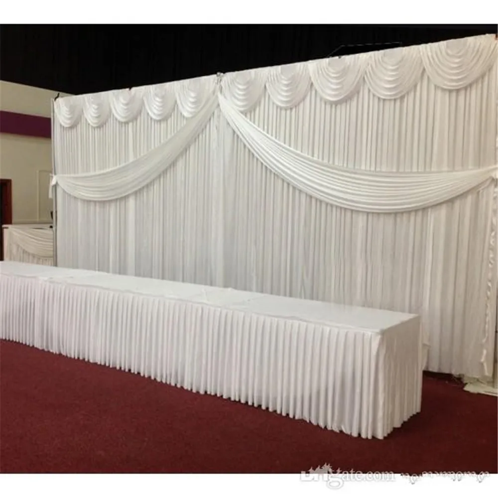 

10ft*20ft White color ice silk Wedding Backdrop Curtain With Swags gold drape Wedding Props Satin Drape curtain party decoration