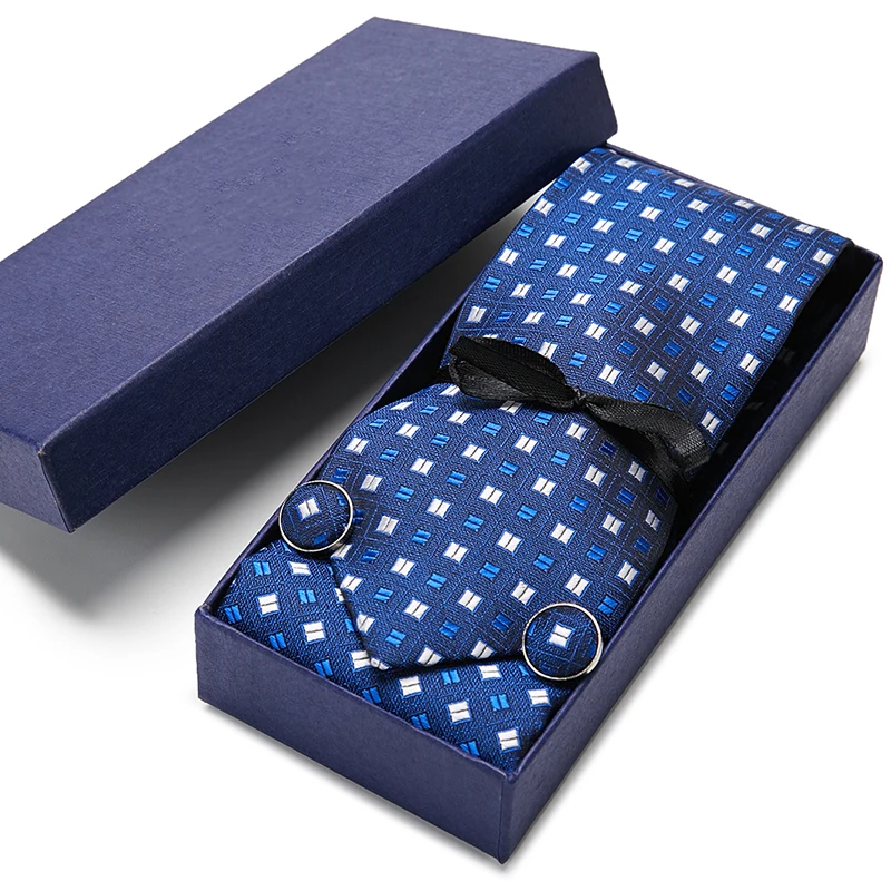 

Gift Box Men's Ties Geometric&Solid Tie 100% Silk Woven Neckties Pocket Square Cufflinks Set Wedding Party Business Tie Set