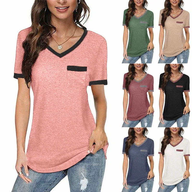 

2021 new spring and summer European and American women's V-neck short-sleeved contrast T-shirt top