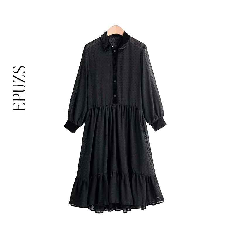 

Vintage Jacquard black long dress women autumn long sleeve Pleated dress korean casual office long dresses 2019 winter vestidos