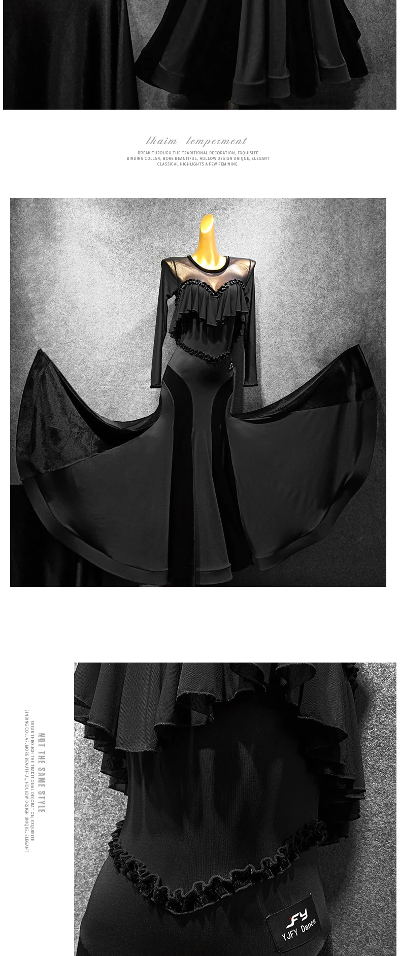 Новое Бальное Платье, стандартное платье для танцев, черное платье для вальса, платье с длинным рукавом и большой юбкой, женское платье для бальных танцев VDB1216