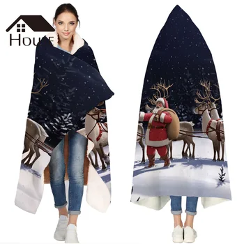 

Merry Christams Elk And Santa Portable Wearable Fluffy Custom Hooded Blanket Fleece Hooded Throw WrapBed Blanket