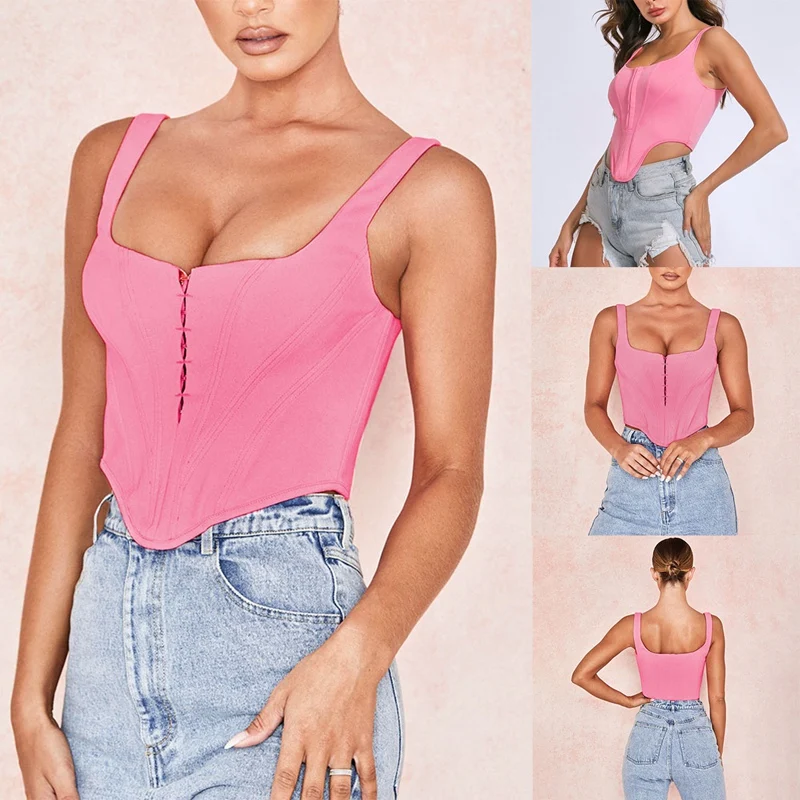 Tank Tops Women Crop Spaghetti Straps Breasted Solid Vest Square Collar Backless | Женская одежда