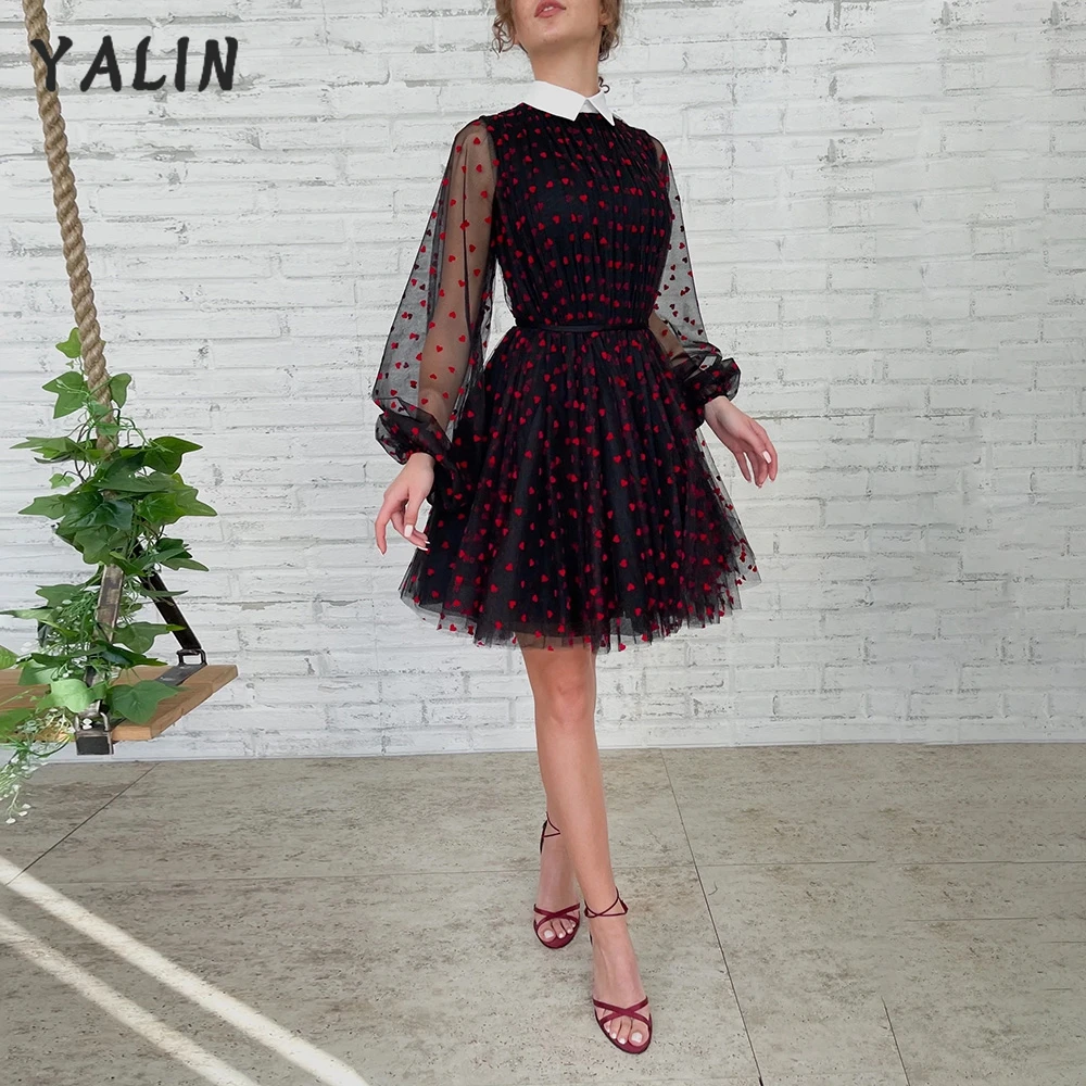 

YALIN Black With Red Heart Short Prom Dress Long Puff Sleeves Sukienki Homecoming Dresses Women Formal Vestidos de Festa