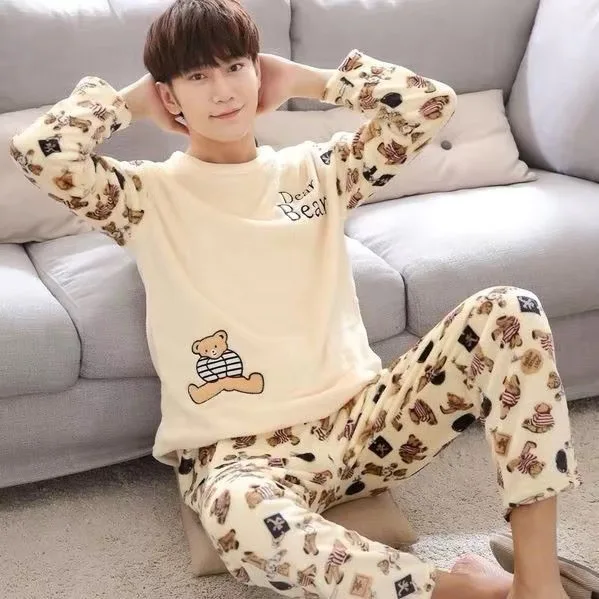 Coral Fleece Pajamas Men's Winter Thickening and Velvet Warm Pajamas Autumn and Winter Men's Flannel Home Service Set Sleepwear mens silk pajama set Men's Sleep & Lounge