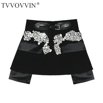 

TVVOVVIN 2019 New Spring Autumn High Waist Black Beading Blingbling Spliced Personality Short Half-body Skirt Women Fashion C646
