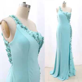 

MACloth Sky Blue Sweep Train One Shoulder Floor-Length Long Crystal Jersey Prom Dresses Dress M 267923 Clearance