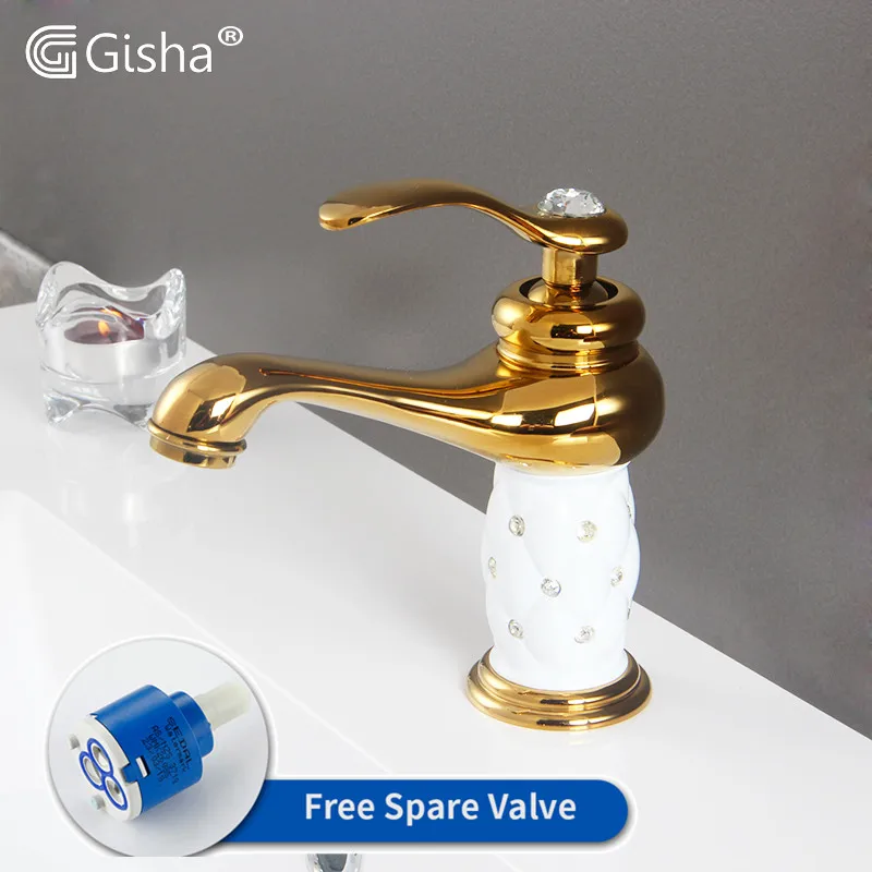 

Gisha Bathroom Sink Faucet Gold Hot Cold Water Mixer Tap Crane Diamond Body Copper Golden Faucet Basin Mixer Torneiras 2G1003