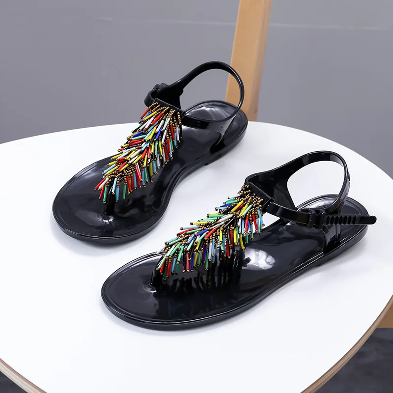 

Brand Shoes Woman Summer String of Beads Sandals for Female Fringe T-tied Flip Flops Woman Solid Comfortable Flat Casual Sandal