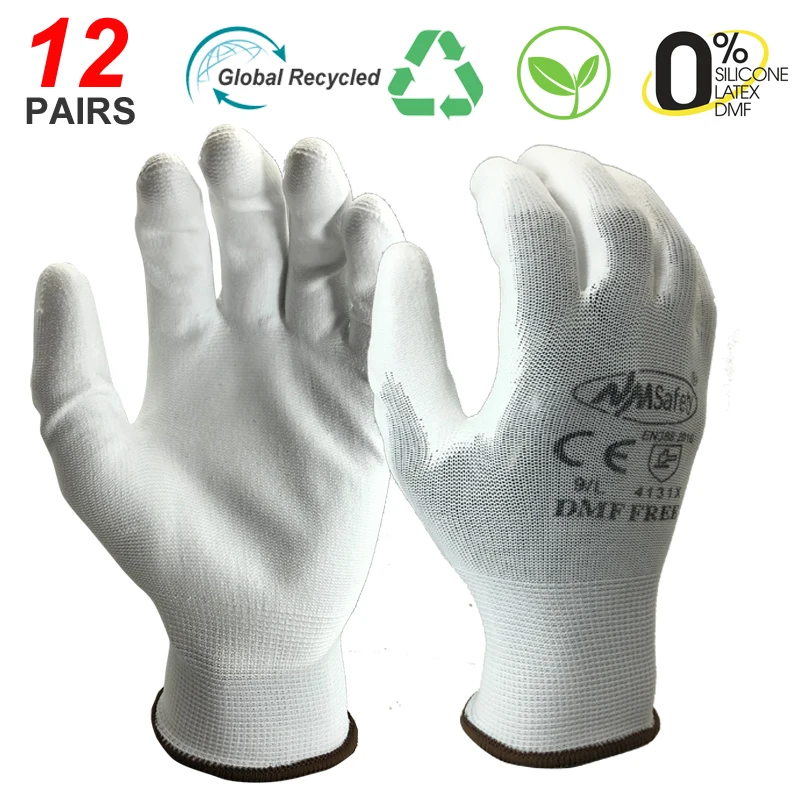 цена NMSafety 12 Pairs Knitted Nylon Coated PU Rubber Palm Electric Safety Protective Anti-static White Cotton Work Gloves