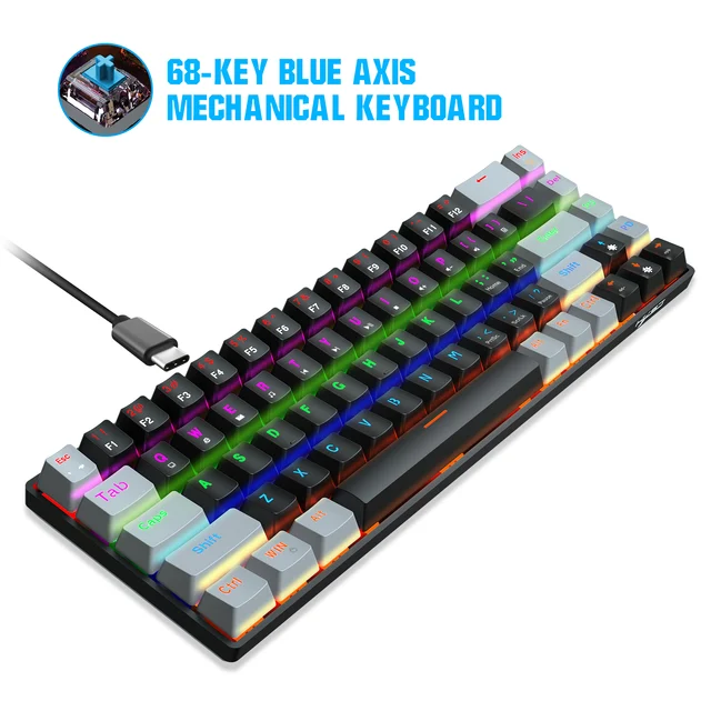 68 Key Mechanical Keyboard Gaming USB Wired LED Backlit Axis Gaming Mechanical Keyboard Optical Switches For Desktop V800 Blue Switch