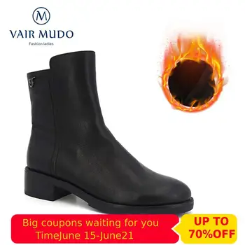 

VAIR MUDO 2019 Fashion Ankle Boots Shoes Women Black Geniune Leather Lining Wool Fur Warm Shoes Boot Lady Shoes Thick Heel DX68
