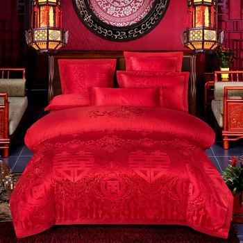 

Dropshipping Luxury Wedding jacquard mulberry silk bedding 100%cotton Embroidered Duvet cover bed sheet pillowcase A013 Love Red