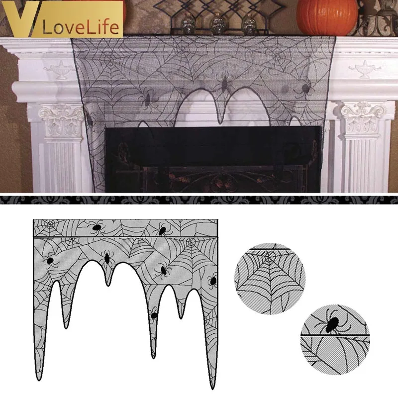 

1pc 105x107cm Lace Black Curtain Spider Web Ghost Halloween Knitted Lamp Cover Tassel Festiver Party 2019