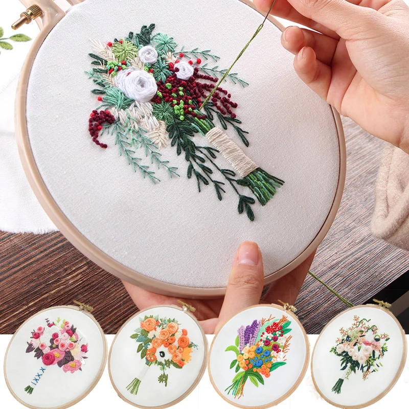 Europe Diy Embroidery Flower Bouquet Kits Needlework Cross Stitch With Hoop For Beginner Arts