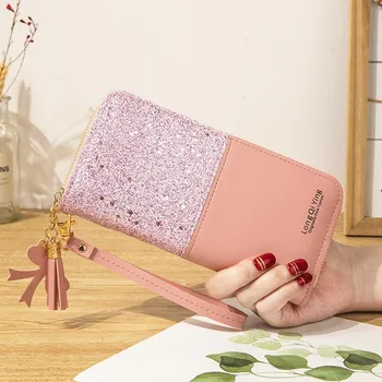 

Long Women's Wallet Female Tassel Coin Purse Ladies Zipper Solid Color Sequins All-match Card Holder Pu Leather Clutch Money Bag