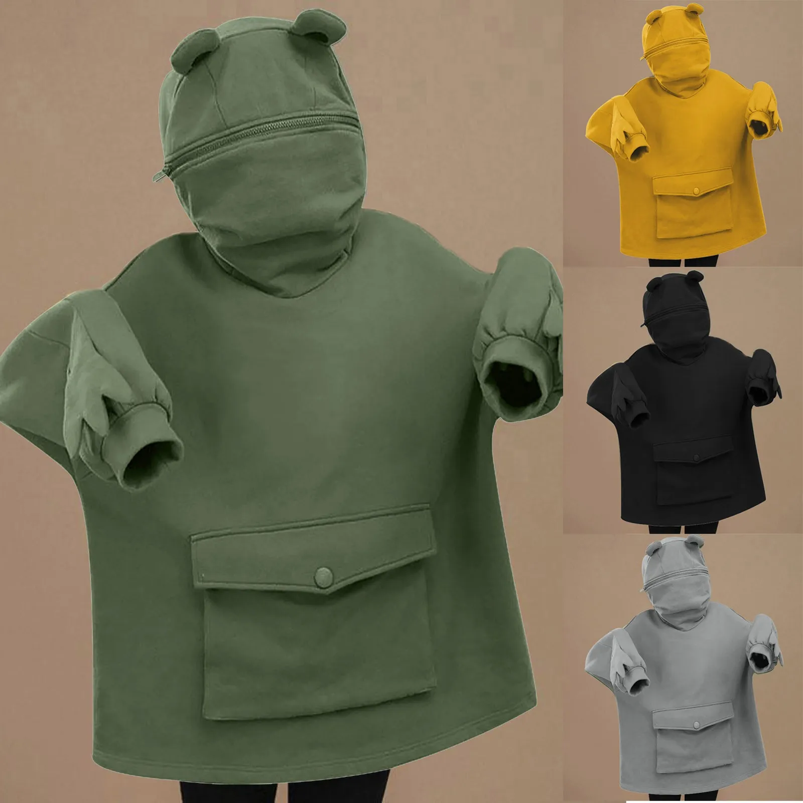 Las mujeres otoño gruesa holgado de talla grande sudadera letras de Harajuku dibujadas Rana Casual con capucha sudaderas con capucha espesar suéter Mujer
