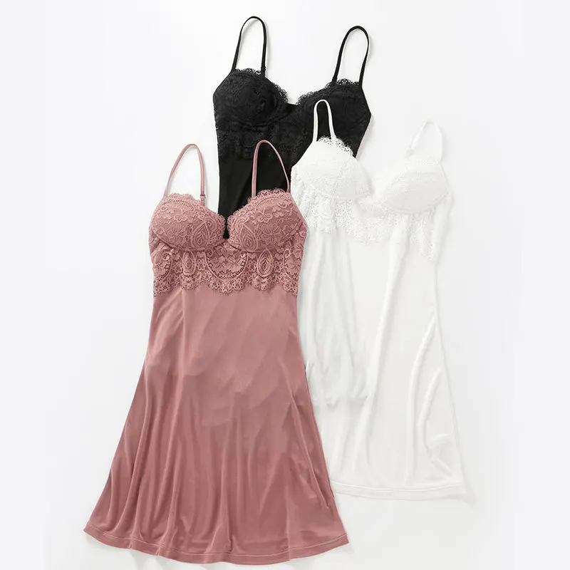 Summer silk sling lace slip dress sexy for women bottoming suspender plus size slim underskirt home nightdress wirefree bra