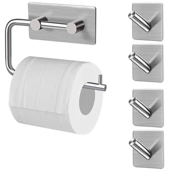 

Toilet Paper Holder Bathroom Tissue Holder Free Punch Toilet Paper Holder with 4 x Towel Hook Wall-Mounted Self-Adhesive, No Dri