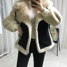 Autumn And Winter Women Jackets Stitching Suede Rabbit Fur Collar Long Sleeve Outerwear Loose Fashion Chic Coat Female M191003