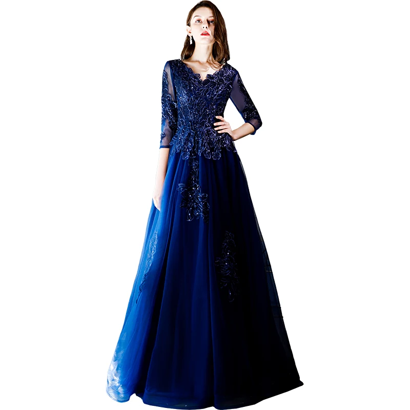 maternity evening dresses Luxury Elegant Royal Blue Evening Dresses Long 2022 V-Neck Floor-Length Appliques Tulle Women Formal Gowns For Wedding Party sexy evening gowns Evening Dresses