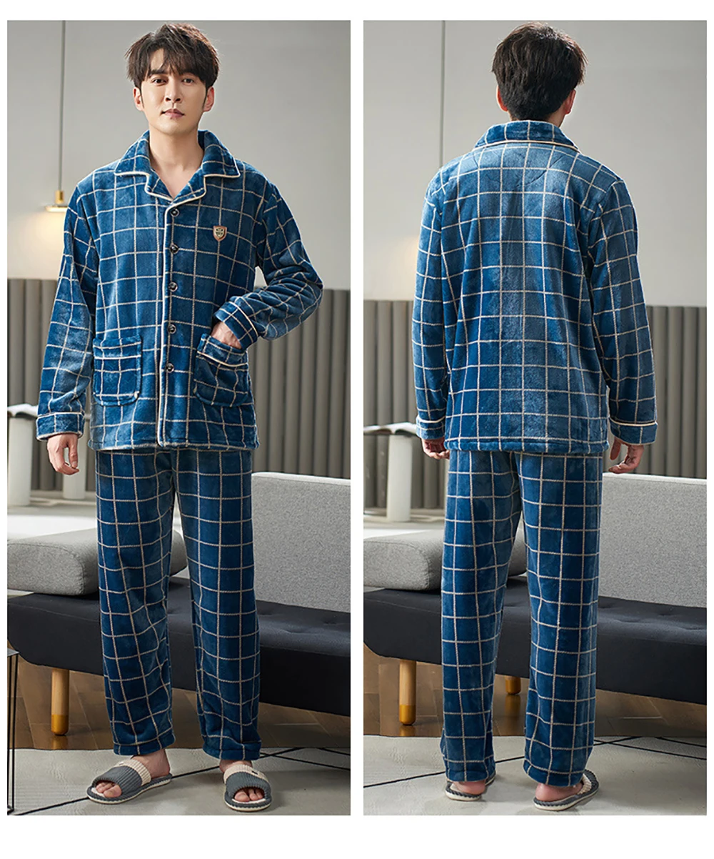 Flannel Pajama Sets Men Winter Men's Pajamas Thick Warm Lounge Set Fashion Striped Embroidery Male Pijama Casual Loungewear 3XL mens lounge wear