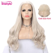 Imstyle 13x6 Синтетические волосы на кружеве парик пепельного цвета блонд парик длинные волнистые синтетические волосы парики для Для женщин Термостойкое волокно природные волосы парик