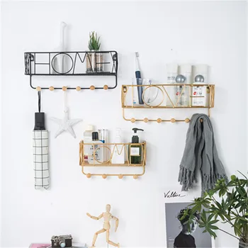 

Simple Iron Wall Storage Shelf Bathroom Organizer Accessories Multifunctional Hook Storage Rack Wall Hanging Storage Hold