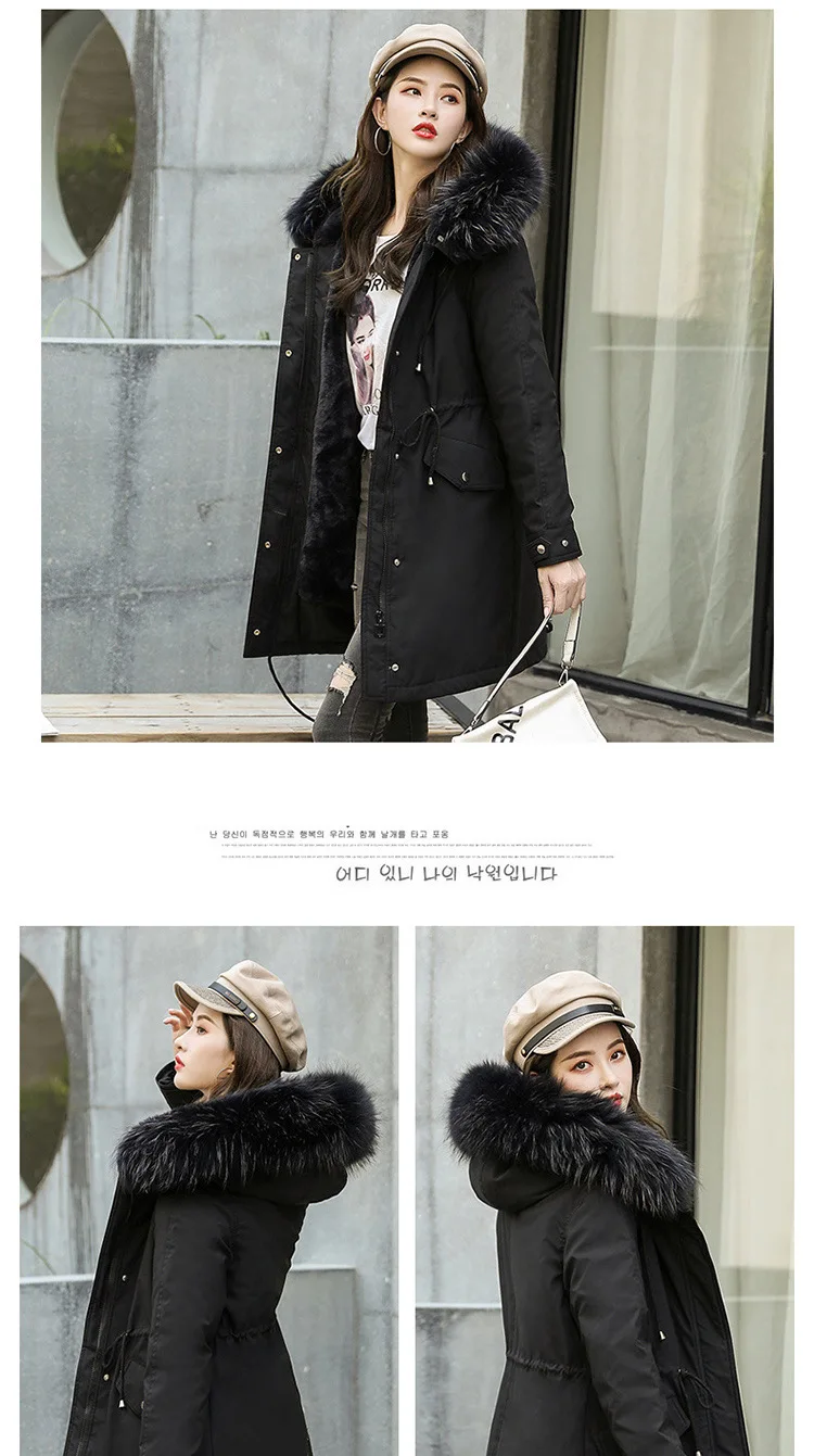 Sweet lady style large women rex rabbit fur liner fur coat long paragraph detachable fur collar women's jacket cotton clothing